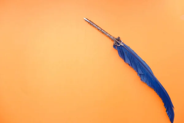 Vista superior de la pluma estilográfica sobre fondo naranja — Foto de Stock