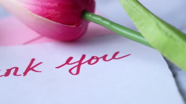 Pembe arka planda lale çiçeğiyle yapışkan notta teşekkür ederim. — Stok video