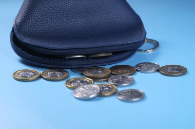 Bozuklukları mavi arkaplanda küçük bir deri çantaya koy. 