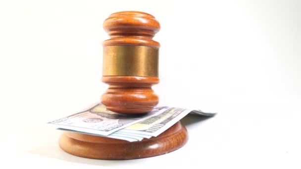 Close up of gavel and cash on white background — Stock Video