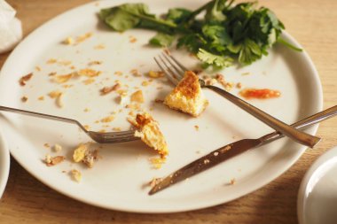 Yemeğin tadını çıkardıktan sonra artık yemekler ve çatal bıçaklar tabağa saçıldı..