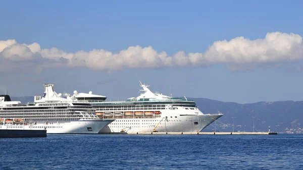 Two Cruise Ships Pictured Moored Greek Island Corfu — Stock Photo, Image