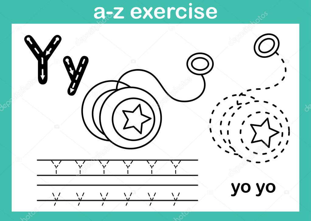 Alphabet a-z exercise with cartoon vocabulary for coloring book illustration, vector