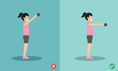 Kadın yanlış ve doğru dumbbell açık yükseltmek duruş, vektör çizim