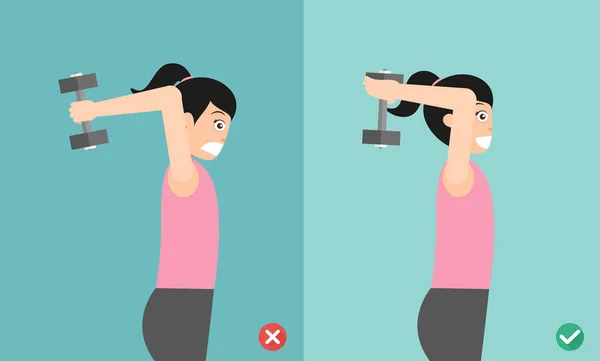 妇女错误和右头顶哑铃姿势 矢量插图 — 图库矢量图片