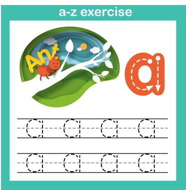 Alfabe harf A-karınca egzersiz, kavram vektör çizim kağıt kesme