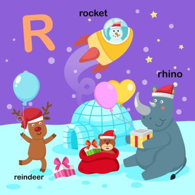 Alfabe harf R-reindeer,rhino,rocket.vector illüstrasyon izole