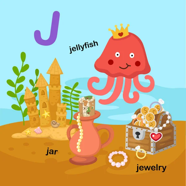 Illustratie Geïsoleerd Alfabet Letter Jar Jellyfish Jewelry Vector — Stockvector