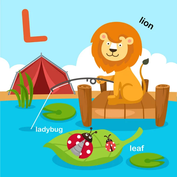 Illustratie Geïsoleerd Alfabet Letter Lion Leaf Ladybug Vector — Stockvector