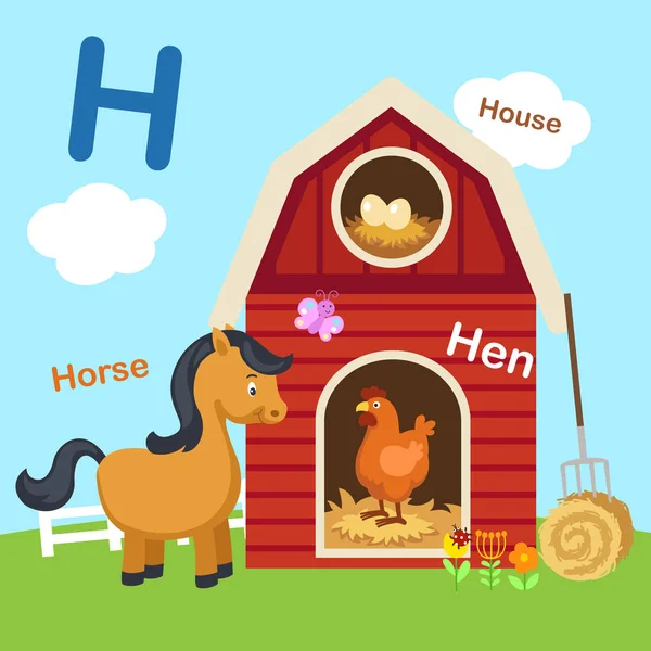 Ilustración Alfabeto Aislado Letra Hen Caballo House Vector — Vector de stock