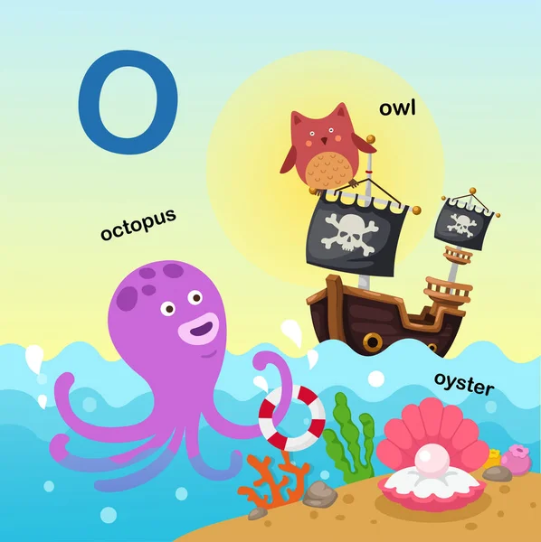 Illustratie Geïsoleerd Alfabet Letter Octopus Owl Oyster Vector — Stockvector