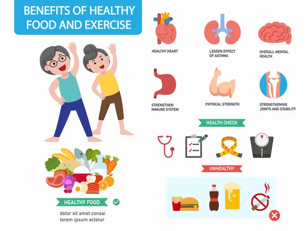 Beneficios Alimentación Saludable Ejercicio Infographics Vector Ilustración — Archivo Imágenes Vectoriales