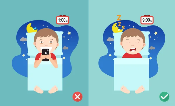 Maneira errada e certa para as crianças param de usar a ilustração do smartphone — Vetor de Stock