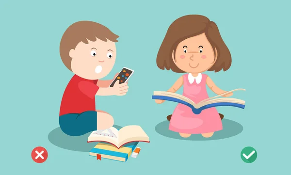 Manera incorrecta y correcta para que los niños dejen de usar la ilustración de teléfonos inteligentes — Archivo Imágenes Vectoriales