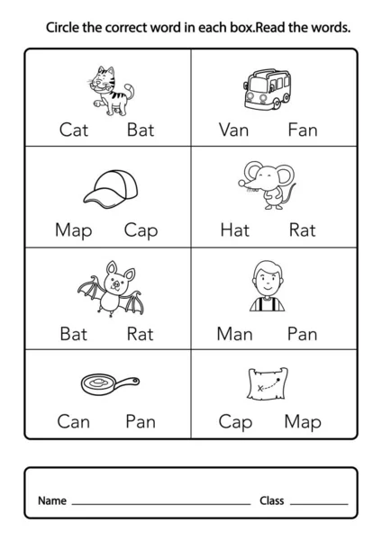 Círculo de la palabra correcta en cada caja leer words.color la imagen — Vector de stock