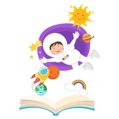 uzay kavramı eğitim.illustration açık kitap astronot