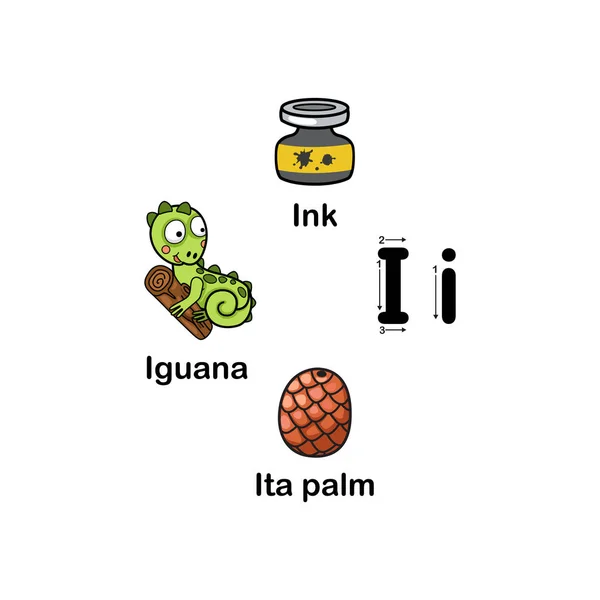 Alphabet Lettre I-iguana, encre, ita illustration vectorielle de palmier — Image vectorielle