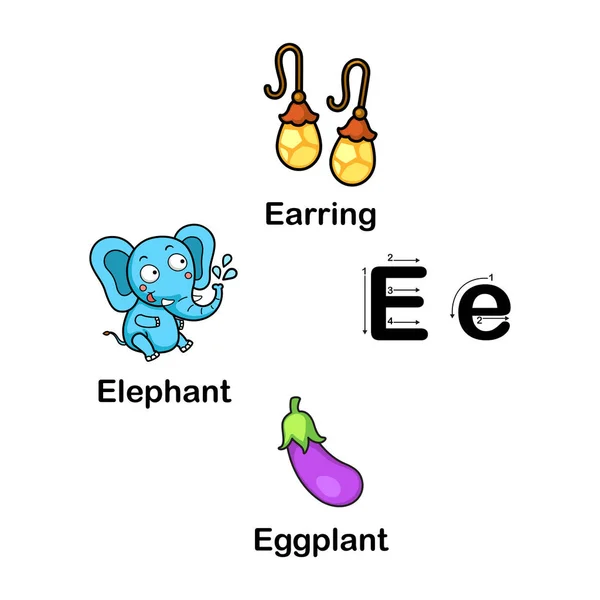 Alfabeto Carta E-berinjela, brinco, ilustração do vetor de elefante —  Vetores de Stock