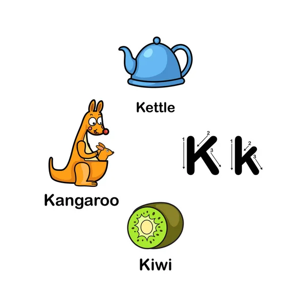 Alfabeto Lettera K-canguro, bollitore, illustrazione vettoriale kiwi — Vettoriale Stock