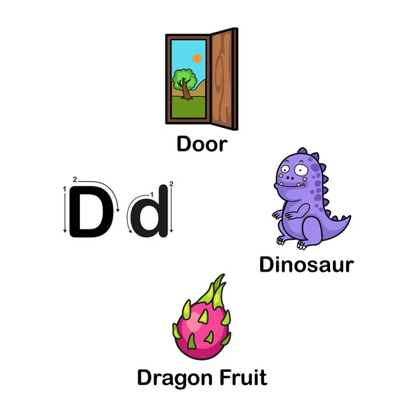 Písmeno abeceda D-dveře, dračí ovoce, dinosauří vektorové ilustrace — Stockový vektor
