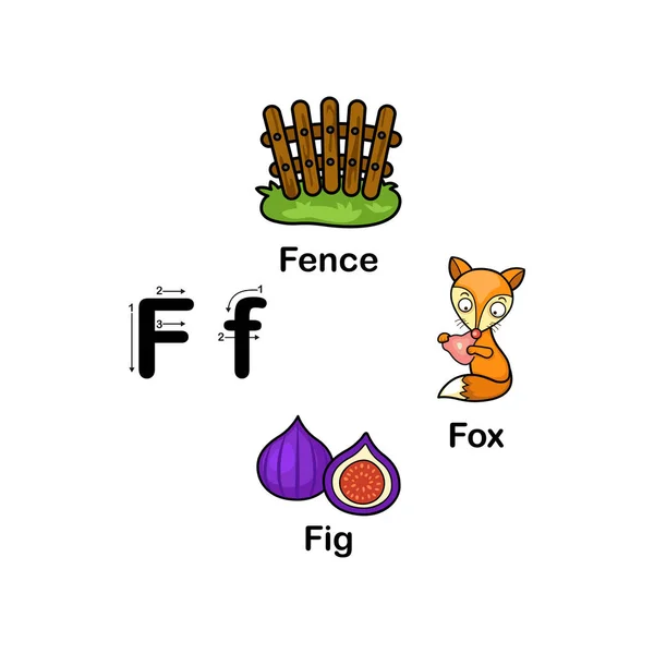 Αλφάβητο Γράμμα F-φράχτη, σύκο, αλεπού διανυσματική απεικόνιση — Διανυσματικό Αρχείο