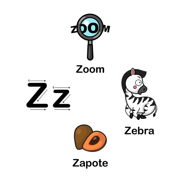 Alfabeto Carta Z-zapote, zebra, zoom ilustração vetorial — Vetor de Stock
