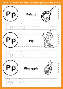 Illu boyama kitabı için çizgi film sözcükleriyle alfabe alıştırması