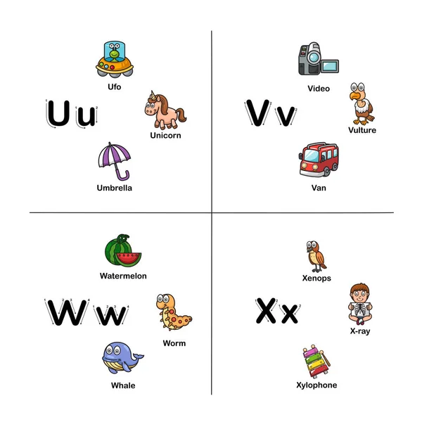 Letra alfabética ilustração vetorial U-V-W-X — Vetor de Stock