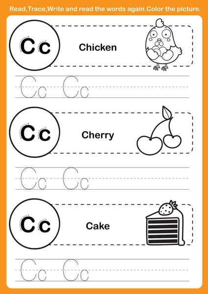 Alphabet-Übung mit Cartoon-Vokabular für Malbuch illu — Stockvektor