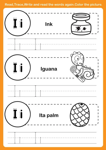 Alphabet-Übung mit Cartoon-Vokabular für Malbuch illu — Stockvektor