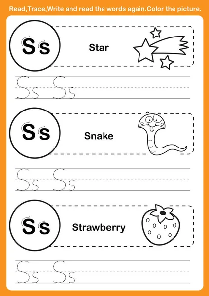 Exercício alfabeto com vocabulário de desenhos animados para colorir illu livro —  Vetores de Stock