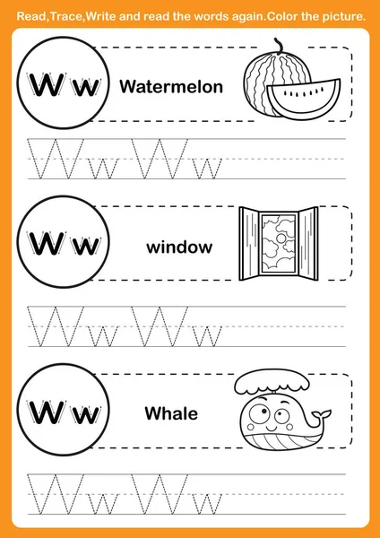 Alphabet-Übung mit Cartoon-Vokabular für Malbuch illu — Stockvektor