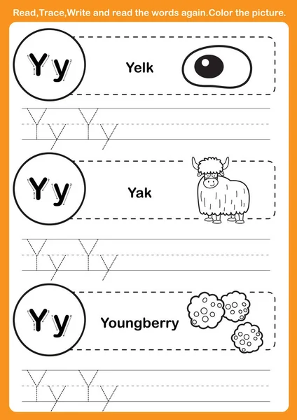Esercizio alfabetico con vocabolario dei cartoni animati per libro da colorare illu — Vettoriale Stock