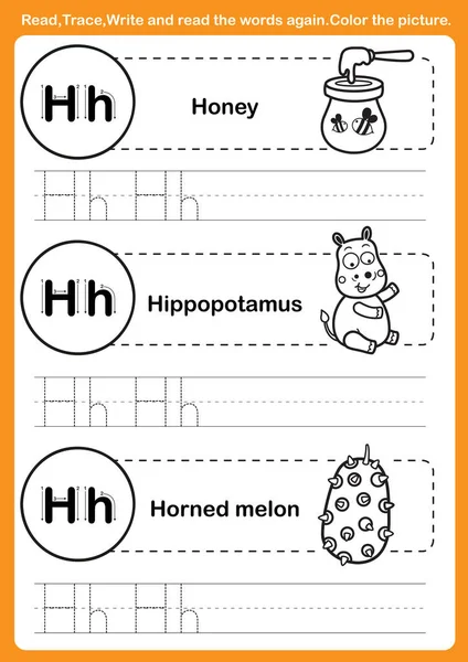 Exercice alphabet avec vocabulaire de dessin animé pour colorier illu livre — Image vectorielle