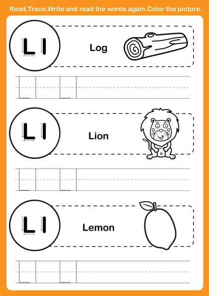 Exercício alfabeto com vocabulário de desenhos animados para colorir illu livro — Vetor de Stock