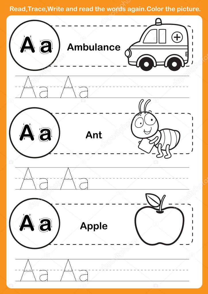 Alphabet exercise with cartoon vocabulary for coloring book illu
