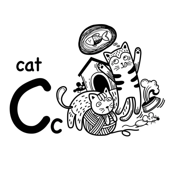 Rysunek Ręki Litera Alfabetu Cat Ilustracja Wektor — Wektor stockowy