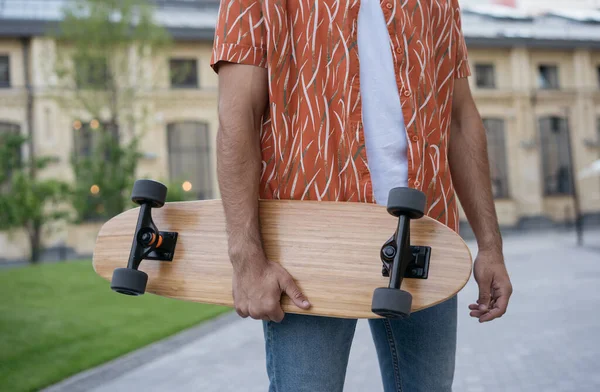Stylish Man Skater Holding Longboard Standing Street — Stock Photo, Image
