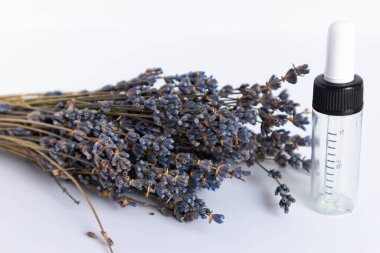 Beyaz arka planda kurutulmuş lavanta çiçekleri. Lavanta yağı. Pipetli şeffaf bir cam şişe buketin yanında duruyor.