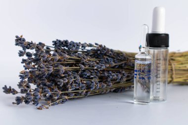 Beyaz arka planda kurutulmuş lavanta çiçekleri. Lavanta yağı. Pipetli şeffaf bir cam şişe buketin yanında duruyor.