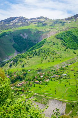 Zemo Mlieta 'daki yeşil doğalı köy. KAzbegi Ulusal Parkı kırsalında. Kafkasya 'nın uzak bölgeleri ve küçük köyleri. 2020