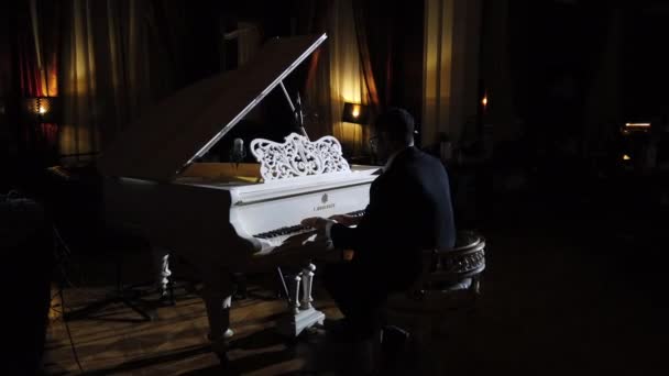 Amplio Plano Pianista Interpretando Propia Música Fondo Audiencia Concierto Música — Vídeos de Stock