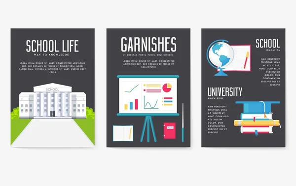 Back to school information cards set. Student template of flyear, magazines, posters, book cover, banners. College education infographic concept background. Layout illustrations modern pages