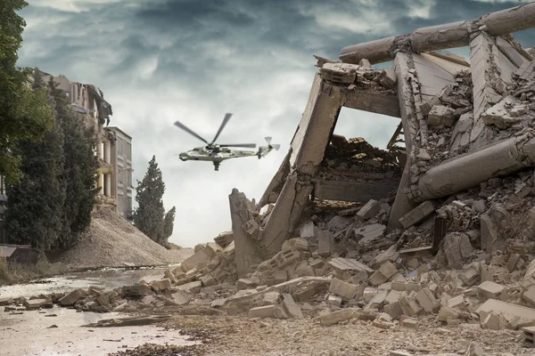 View Collapsed Concrete Industrial Building Dark Dramatic Sky — Stock Photo, Image