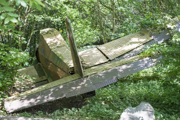 Old airplane crashed in deep green woods. Lost airplane emergency landed in forest, jungle.
