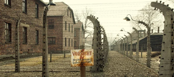 Auschwitz Pologne Mars 2012 Vue Mélancolique Travers Une Clôture Électrique — Photo