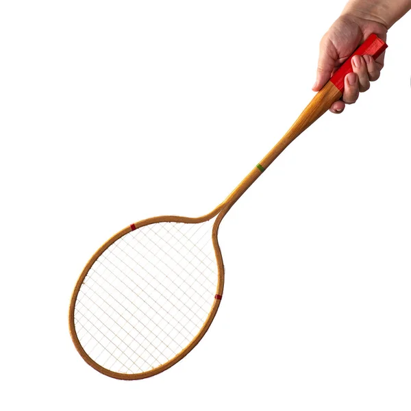 Vintage Trä Badminton Racket Handen Isolerad Vit Bakgrund — Stockfoto
