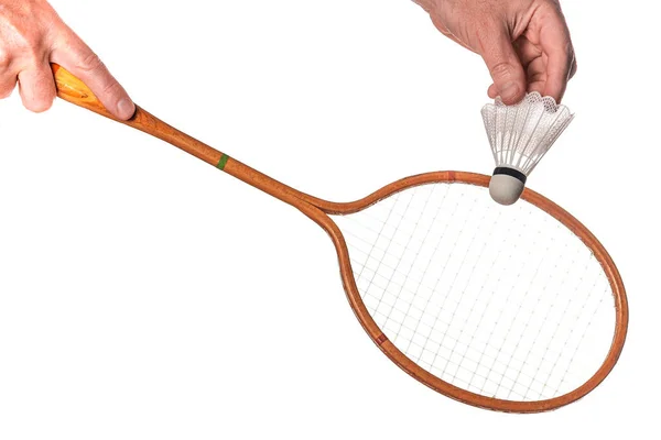 Vintage Trä Badminton Racket Handen Isolerad Vit Bakgrund — Stockfoto