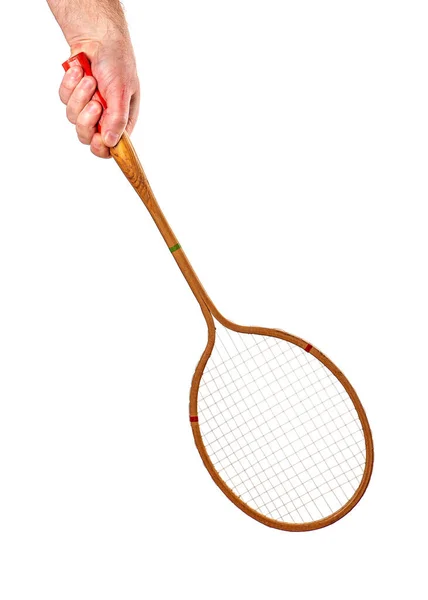 Vintage Trä Badminton Racket Handen Isolerad Vit Bakgrund — Stockfoto