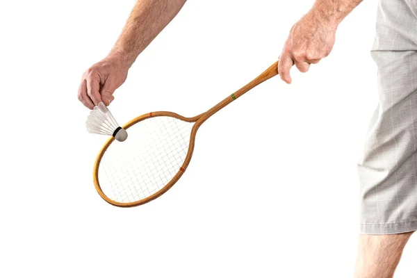 Vintage Wooden Badminton Racket Hand Isolated White Background — Stock Photo, Image